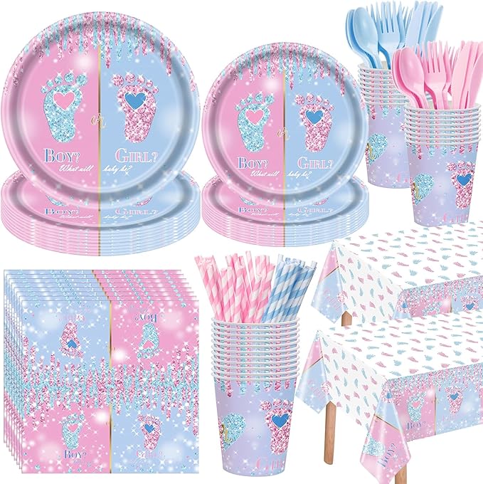 Funnymoom 452 Pcs Gender Reveal Party Decoration for 50 Guests, Boy or Girl Paper Plates and Napkins Cups Tablecloth Cutlery Disposable Tableware Set for Gender Reveal Party Supplies