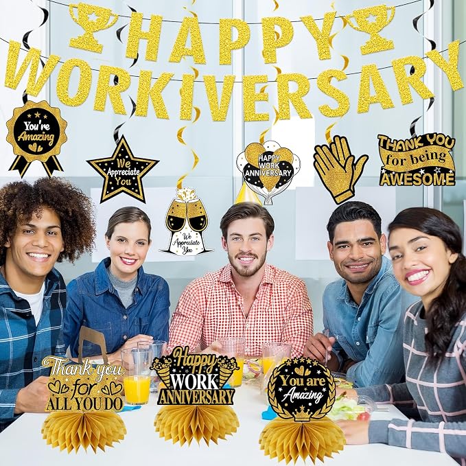 Zirtorei Happy Workiversary Decorations for Men Women Employee, 11pcs Black Gold Work Anniversary Banner Party Supplies, Workiversary Honeycomb Centerpieces Hanging Swirls Business Gift for Office