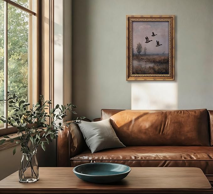 Vintage Gold Framed Flying Duck Wall Art Mallard Duck Canvas Wall Decor Rustic Mallard Poster Artwork Retro Rustic Farmhouse Animal Picture for Home Living Bedroom Farmhouse Hallway