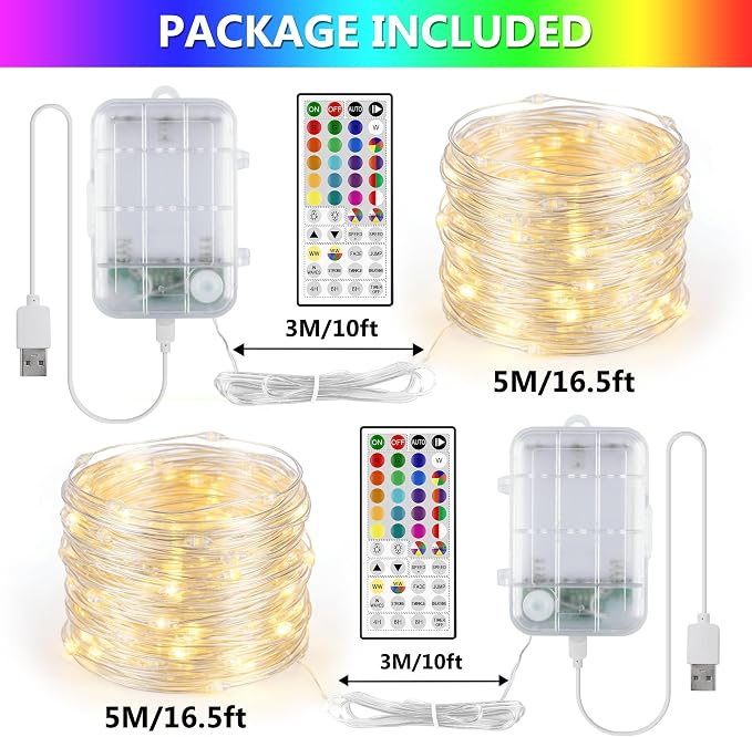 OMIKA 2 Pack 16.5ft 50 LEDs Battery Operated Fairy Lights, 24 Colors +Warm White USB Powered String Lights, with Remote Timer Waterproof Twinkle Lights for Room Garden Indoor Outdoor Decor(150 Modes)