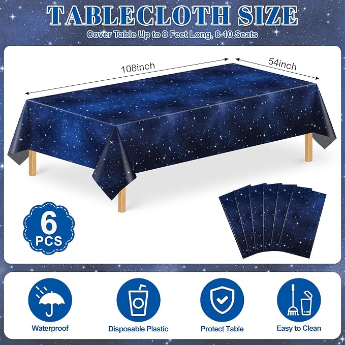 NatNarr 6 Pack Plastic Space Tablecloth, 54 x 108 Inch Disposable Galaxy Themed Tablecloth Waterproof Rectangle Star Party Table Cover for Home Party Decorations
