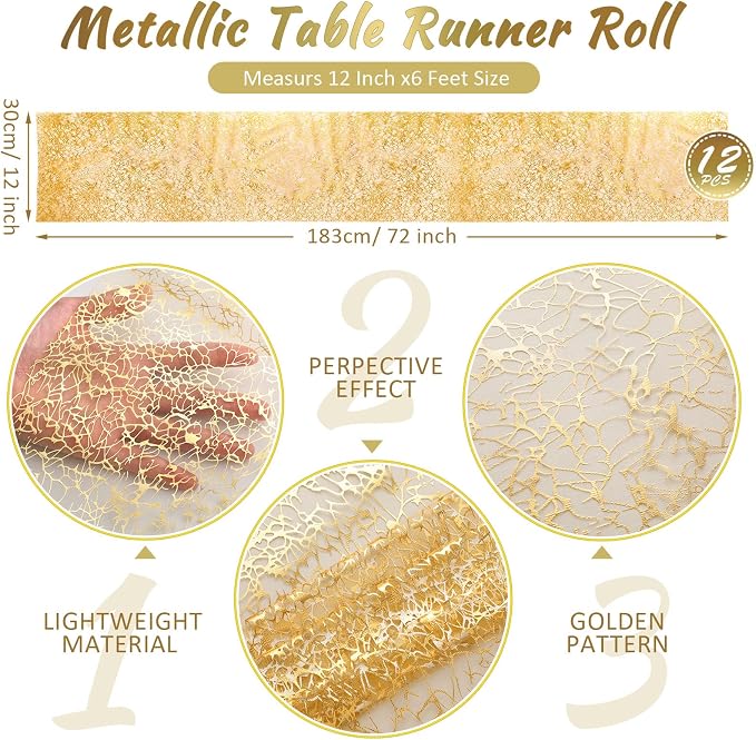 Chumia 12 Pieces Gold Table Runner 12 x 72 Inch Sequin Glitter Table Runner Roll Metallic Thin Mesh Fabric Decor for Party Wedding Shower Birthday Baby Shower Party Supplies
