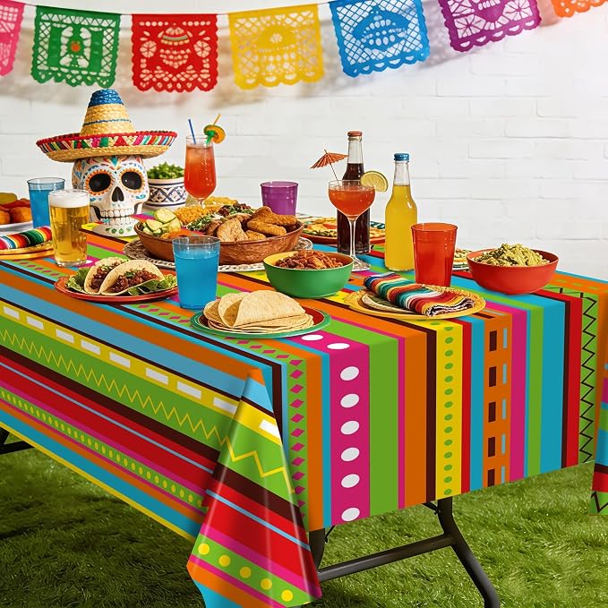 Kochorie 100 Ft x 54 Inch Mexican Fiesta Party Tablecloth Roll with Cutting Box Disposable Plastic Mexican Striped Table Cover Backdrop for Fiesta Taco Party Supplies