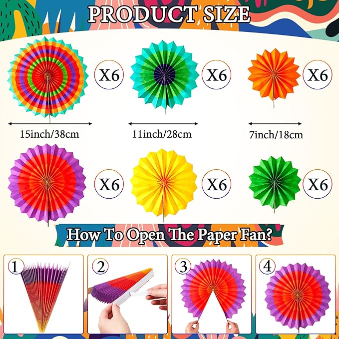 Sabary 36 Pcs Mexican Paper Fans Day of The Dead Party Decorations Cinco De Mayo Pom Poms Colorful Hanging Paper Fans for Fiesta Carnival Party Supplies Photo Prop