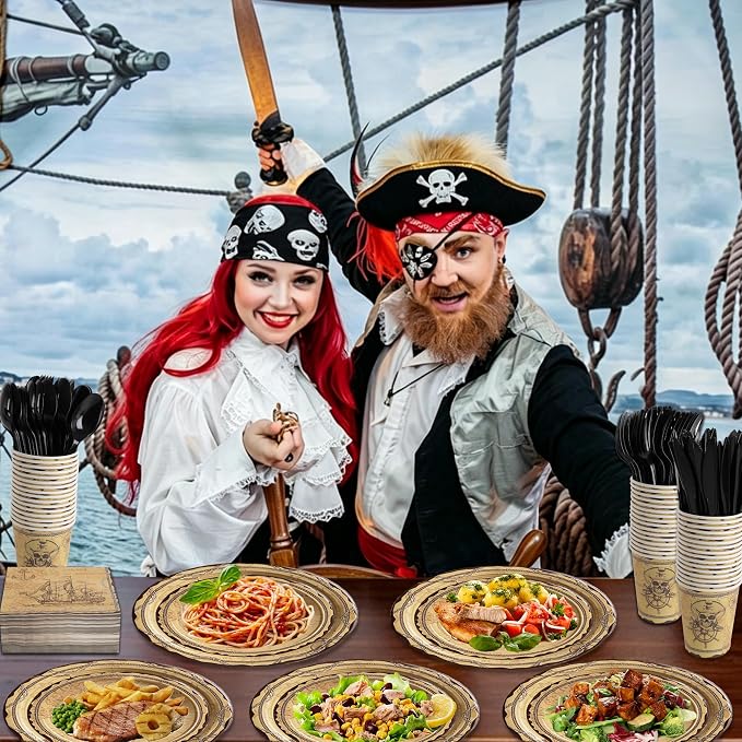 400 Pcs Disposable Pirate Tableware Set for 50 Guests | Heavy-Duty 7" & 9" Paper Plates, Cups, 13" Napkins & Plastic Cutlery for Tresure May Theme Party Supplies
