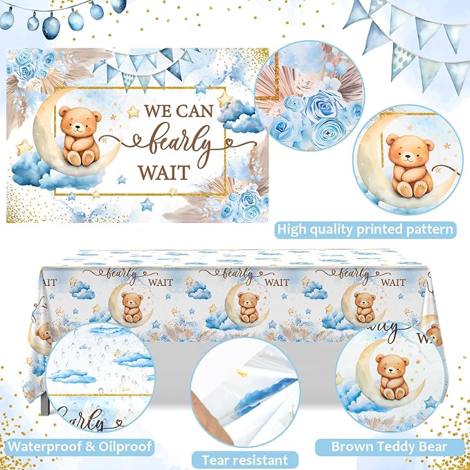 We Can Bearly Wait Baby Shower Decorations -Teddy Bear Boho Balloons Banner Boxes Cupcake Topper, We Can Bearly Wait Sign Backdrop Tablecloth, Boy Baby Shower Decorations Gender Reveal Party Decor