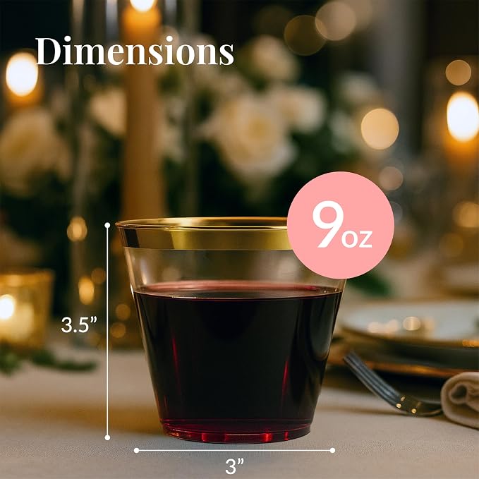 Prestee Hard Disposable Cups - Heavy Duty Fancy Plastic Cups - Plastic Cocktail Drinkware - Disposable Drinking Cup 9 oz - Bulk Drinking Glasses for Wedding - 200ct Gold Tumblers (Pack of 2)