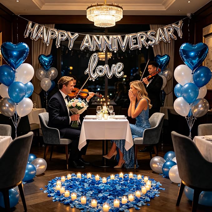 Blue Happy Anniversary Balloons Kit with Heart Shaped, Love Foil Balloons and 1000 Pieces Rose Petals for Valentine's Day Proposals Decorations (Blue - Happy Anniversary)
