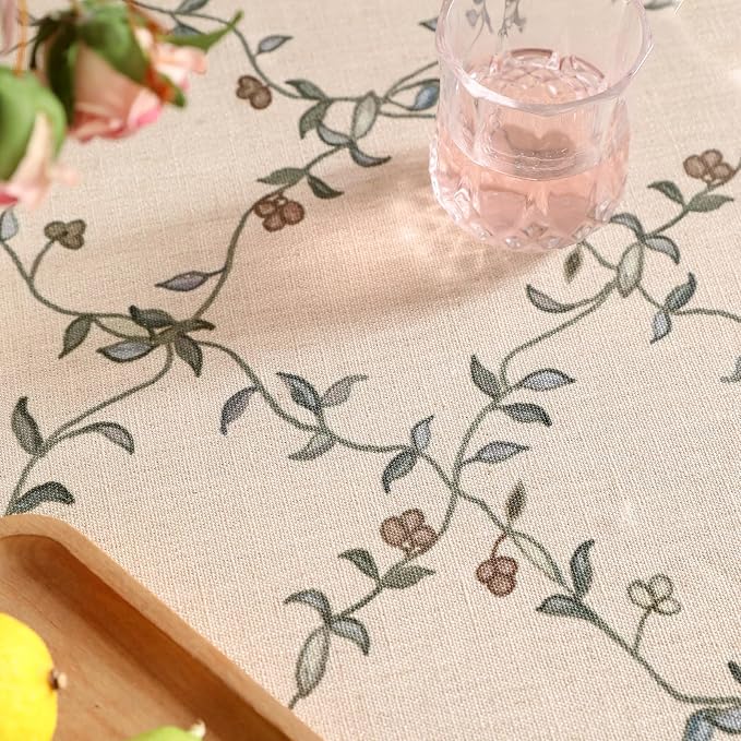patdrea Vintage French Linen Tablecloth,Round,Diameter 55"-Oliveirad | Heavyweight Elegant Table Cloth for Round Table,Dark Floral & Vine Printfor Dining Room Tea Party Thanksgiving