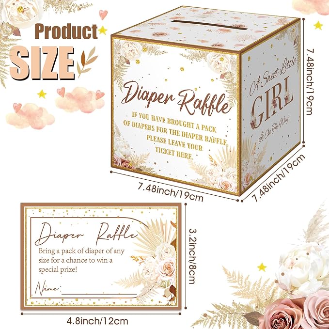 Teling 51 Pieces Diaper Raffle Tickets with Card Box Baby Shower Decorations Baby Shower Holder Box for Girl Boy Diaper Raffle Party(Boho Pampas Grass Dried Flower)