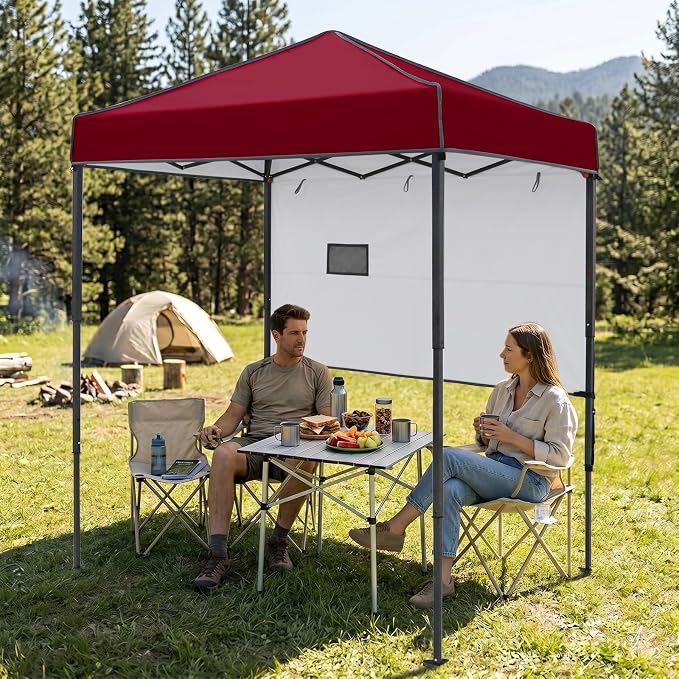 EAGLE PEAK 6x4 Instant Pop Up Canopy Tent with 1 Half Wall Panel, Straight Leg Sun Shelter, Portable Canopy with Carry Bag for Camping, Beach & Sports, Burgundy