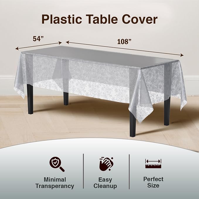 Exquisite Lace Table Cloth Rectangle Table Plastic 12-Pack Lace Tablecloth Rectangular 54" X 108" | Clear & Silver Floral Tablecloth Disposable | Wild Flower Party Decorations & Party Supplies