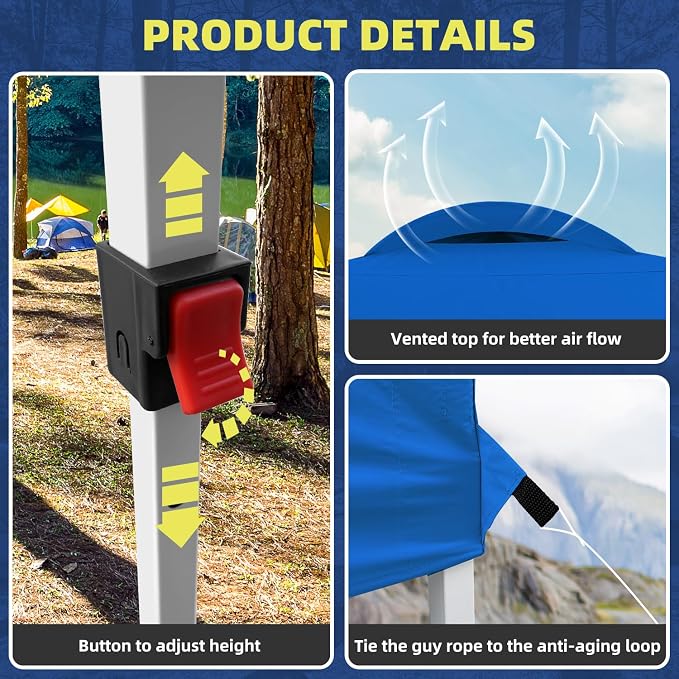 10x10 Pop Up Canopy Tent with One Sidewall, Instant Folding Outdoor Shelter with Air Vent, High Strength Steel Frame and Handheld Carry Bag for Backyard Party, Camping, Blue
