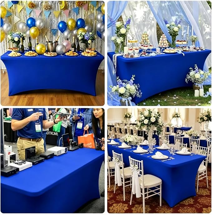 Spandex Tablecloth 10 Pack, 8FT Royal Blue Fitted Table Covers for 96 x 30 in Rectangle Tables, Washable Stretch Table Cloths for Trade Shows, Weddings, Parties & Banquets