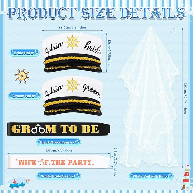JaGely 4 Pcs Groom Bride Captain Hat with Veil Bachelor Sash Bachelorette Accessories for Wedding Bridal Shower Honeymoon