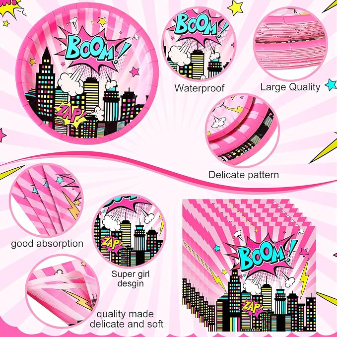 Potchen 452 Pcs Party Supplies Serve 50 Guests, Paper Plates Napkins Cups Cutlery Plastic Tablecloth Dinnerware for Birthday Wedding Party Decoration (Bright Pink, Hero)