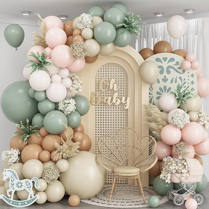 Dusty Green Neutral Balloon Garland Arch Kit, Sage Green Nude Cream Sand White Light Brown Pastel Blush Pink Double Stuffed Balloons for Baby Bridal Shower Wedding Birthday Boho Party Decorations