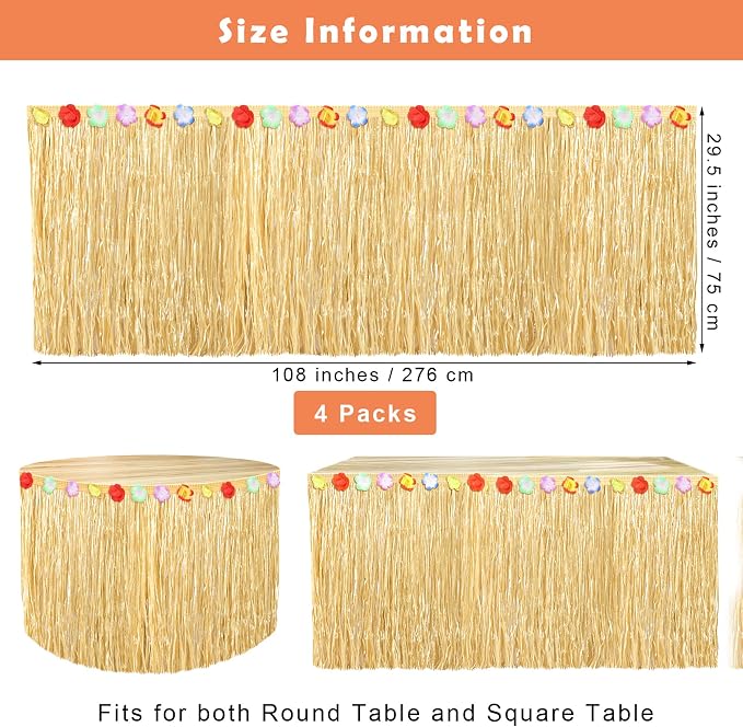 Fovths 4 Pack Luau Grass Table Skirt Natural 9 Feet x 29.5 Inch Hawaiian Table Skirt for Tropical Hawaiian Party Decorations Luau Party Costume Party, Green and Straw Yellow