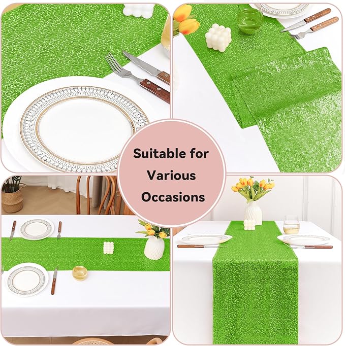 Sugargirl 10 Packs 12 x 72 inches Sequin Table Runner, Glitter Apple Green Table Runner for Birthday Party Supplies Wedding Holiday Celebration Event Decorations