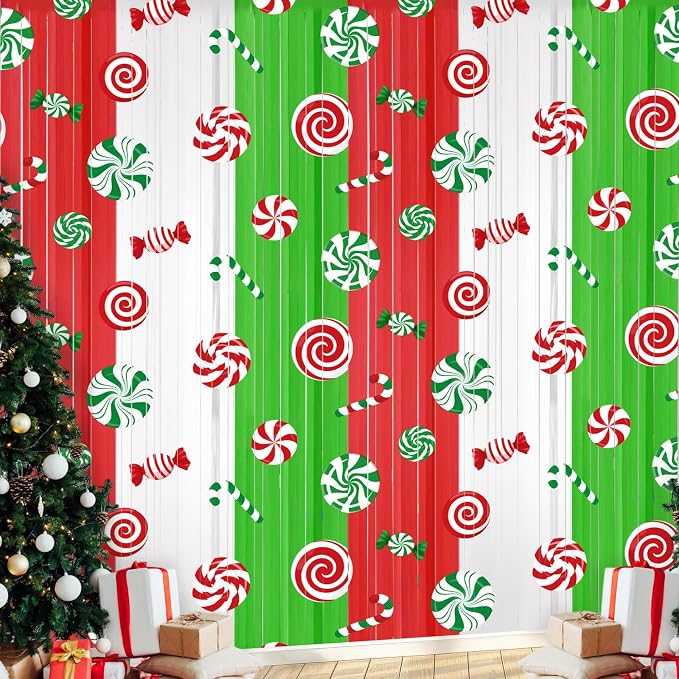 Blosssound 4 Packs Christmas Party Decorations 3.3 x 6.6 ft Candy Cane Theme Foil Fringe Curtain Xmas Holiday Tinsel Streamers for Xmas Winter Holiday Baby Shower Decoration(4 Packs, Christmas Candy)
