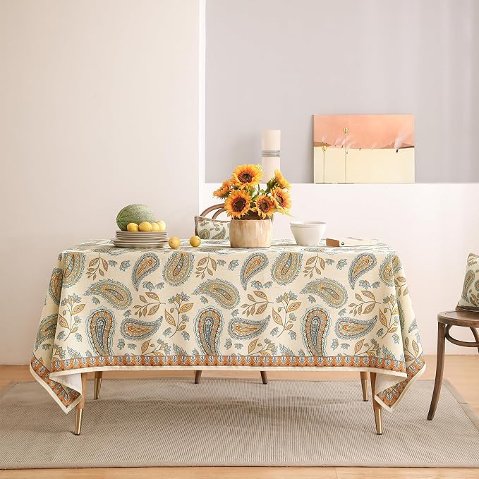 patdrea Vintage French Linen Tablecloth,Rectangular,87"x63"-Lysaniya | Colorful Elegant Table Cloth for Rectangle Table,Floral Patterned,Dining Room Tea Party Thanksgiving Decor Coffe Table