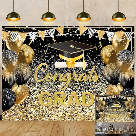 2026 Graduation Backdrop Black Gold Congrats Grad Bachelor Cap Balloon Prom Send Off Photography Background School Celebration Class of 2026 Party Decor Banner Photo Props (Black Gold, 8x6FT)