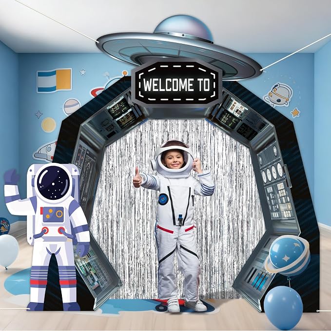 Space Birthday Party Hanging Banner Backdrop Astronaut Planet Door Covers Outer Space Silver Foil Fringe Backdrop Decorations for Wall Table Entryway Room Classroom Supplies