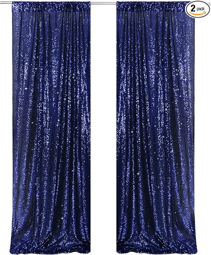 PartyDelight Navy Blue Sequin Backdrop Curtains 2x8ft 2 Panels | 3mm stitched sequin curtain with 4 inch rod pocket for 2x8ft 2 panel doorway window side drape narrow photo booth strip