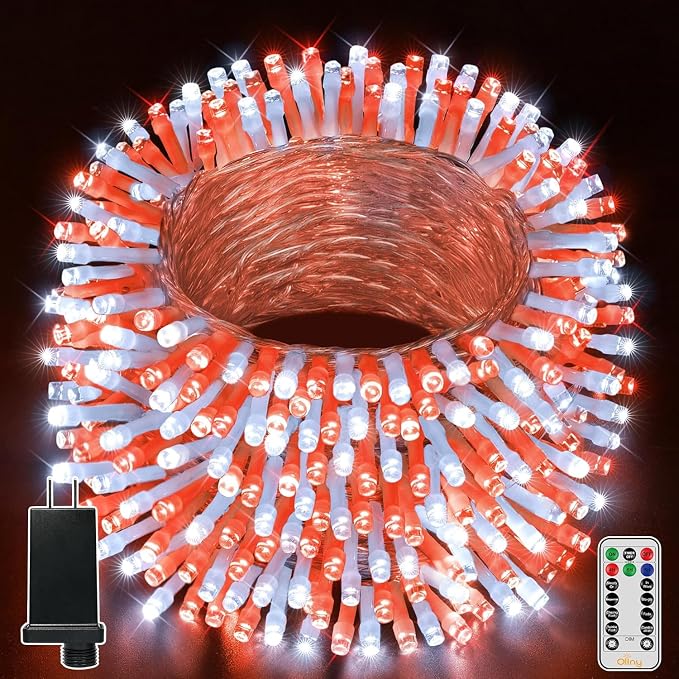 Ollny Red and White Christmas Lights Waterproof, 400LED 131FT String Lights with Remote 3 Timer, Plug in 8 Modes Fairy Light for Xmas Tree Indoor Bedroom House Party Wedding Decorations