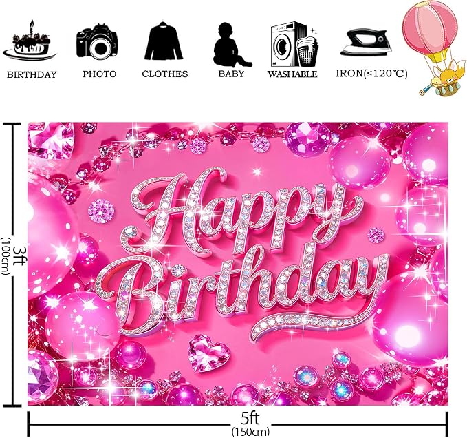 Happy Birthday Backdrop 5Wx3H Feet Polyester Fabric Hot Pink Bling Diamond Glitter for Women Girls Decoration Modern Party Supplies Photography Background Photo Shoot Props