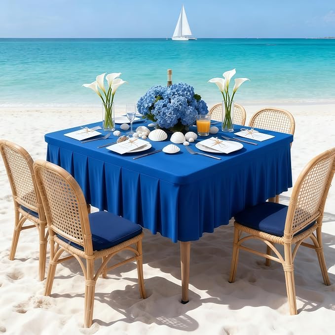 Wish Care Royal Blue Spandex Tablecloths for 34x34 Inch Square Tables, Stretch Fitted Table Clothes with Pleated Ruffle Skirt for 34” Table, Wrinkle Free and Elastic, for Party Kitchen Home Dining