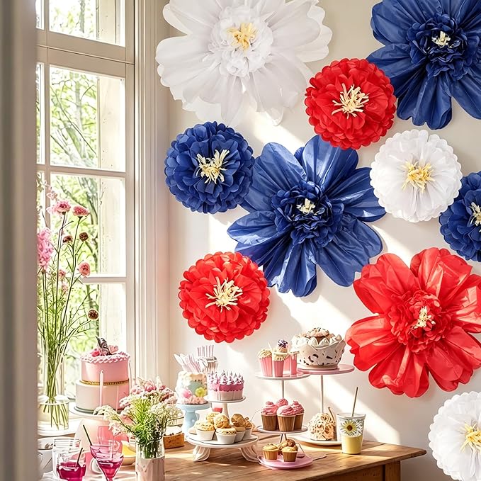 Crowye 12 Pcs Large Colorful Tissue Paper Flowers Decorations Giant Fiesta Craft Crepe Paper Flowers for Wall Decor Backdrop Mexican Wedding Birthday Carnival Party (10'' 20'',Patriotic Color)