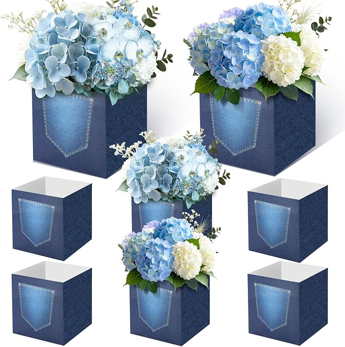 8 Pack Denim Baby Shower Centerpieces Decorations Blue Jean Party Flower Boxes Cowboy Western Baby Boy Shower Decor Gender Reveal Flower Boxes Photo Props Party Supplies