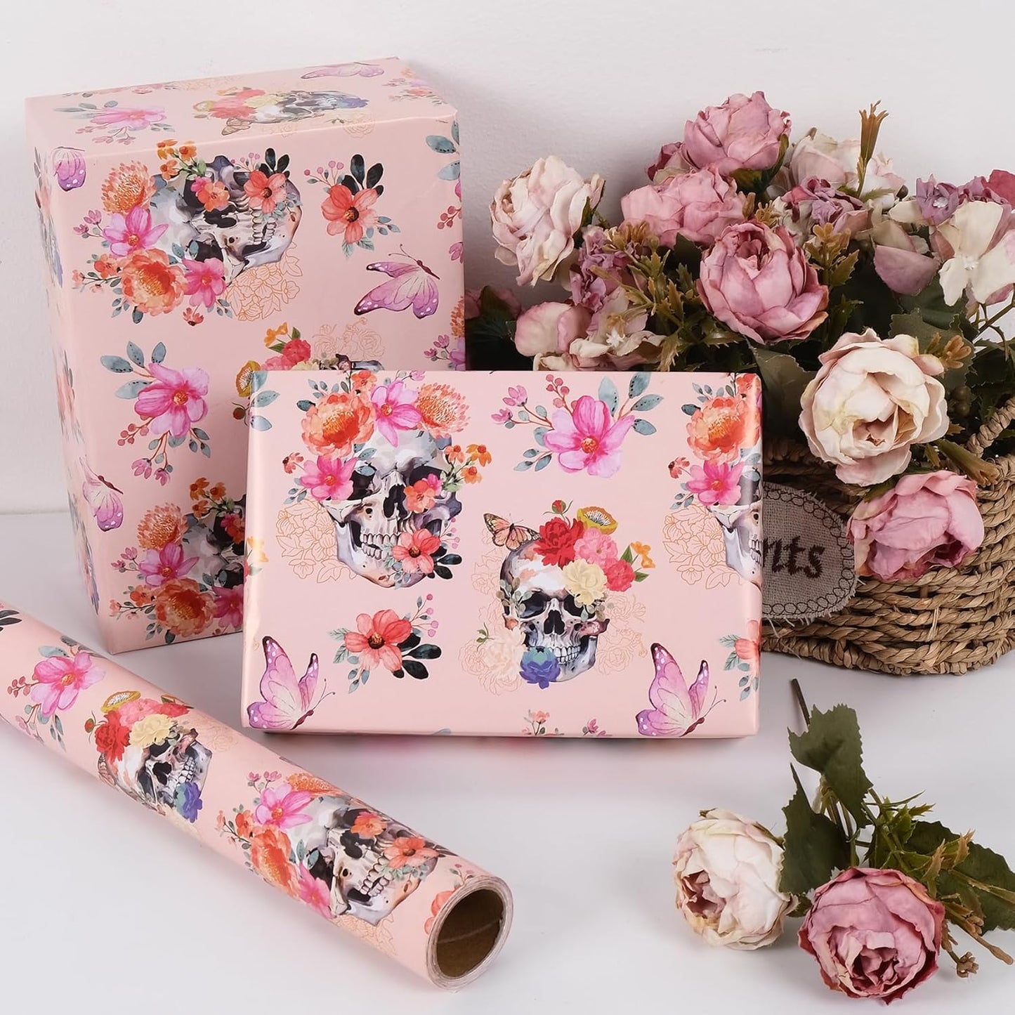Aimyoo Gothic Wrapping Paper Roll, 17 Inch X 16.5 Feet Skull Floral Butterfly Design Gift Wrap Paper for Mother's Day, Birthday Bridal Shower