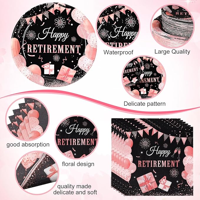 Funnymoom 452 Pcs Retirement Party Decorations Supplies Set Include Rose Gold Retirement Paper Plates Napkins Cups Tablecloth Cutlery Straws for Men Women Say Goodbye Party