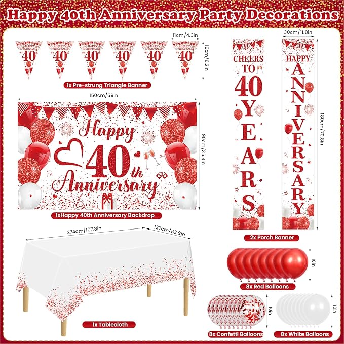 Red Happy 40th Anniversary Decorations for Men Women, Red White 40th Wedding Anniversary Party Decorations Banner, Porch Banner, Triangle Flag, Tablecloth and Balloons Kit Party Supplies