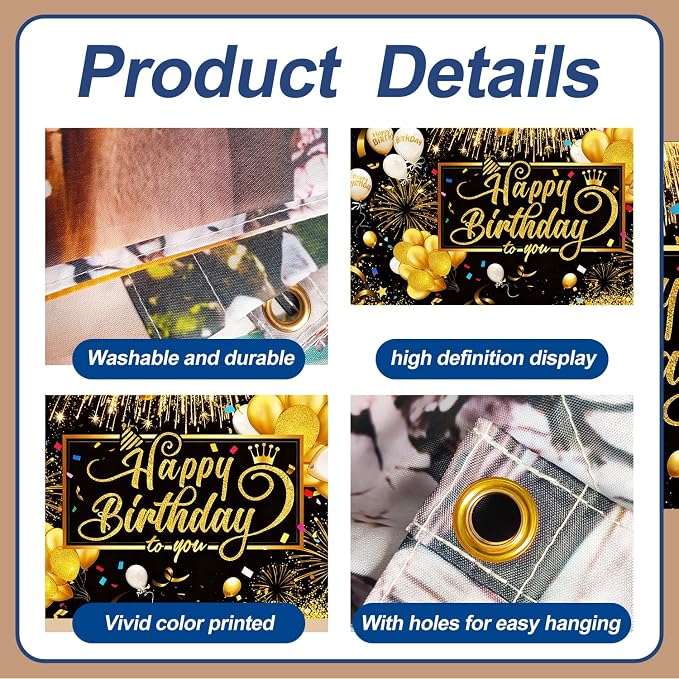 Happy Birthday Garage Door Banner Cover 7x16FT Waterproof –Luxury Black Gold Fireworks & Balloons Backdrop with Crown Design,Indoor Outdoor Decor for Birthday Party,Anniversary, Photo Booth