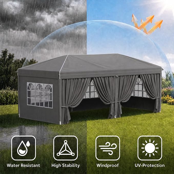 10x20 FT Portable Pop Up Canopy Tent, Adjustable Height Instant Gazebo with Sidewalls, Sandbags,Outdoor Canopy for Camping, Parties, Vendor Events (Grey with Reflective Strip, 3m × 6m with sidewalls)