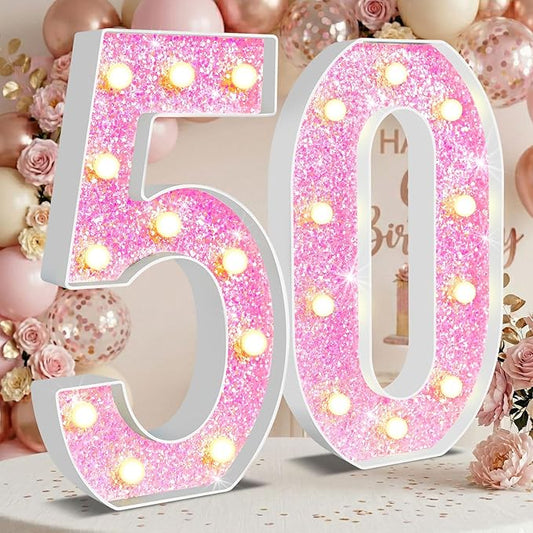 12.6 Inch LED Pink Marquee Light Up Numbers, Sweet 50th Birthday Decorations Number Lights as Gifts for Women, Glitter Lighted Marquee Numbers for Pink Anniversary Party Table Decor, 50