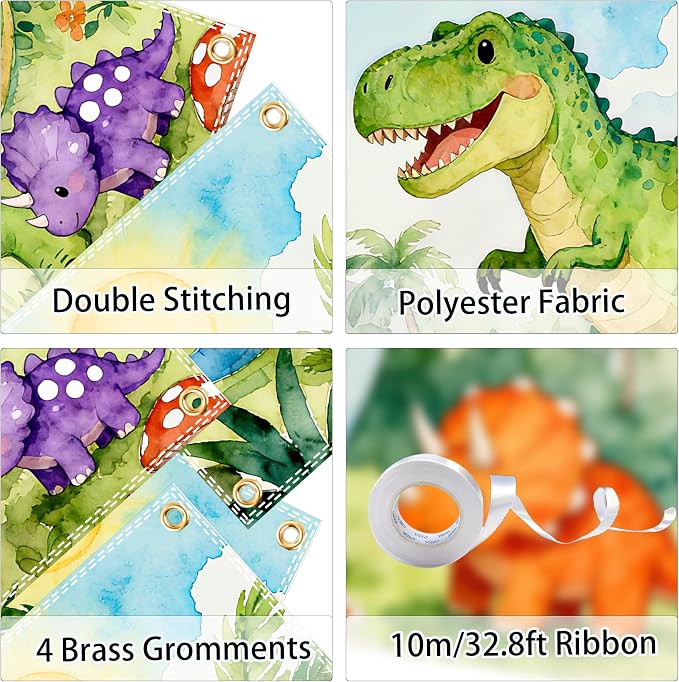 Dinosaur Birthday Backdrop 7x5FT – Happy Birthday Dino Banner with Ribbon & Grommets, Green Jungle Dinosaur Photo Background for Kids Boy Girl Birthday Party Decor