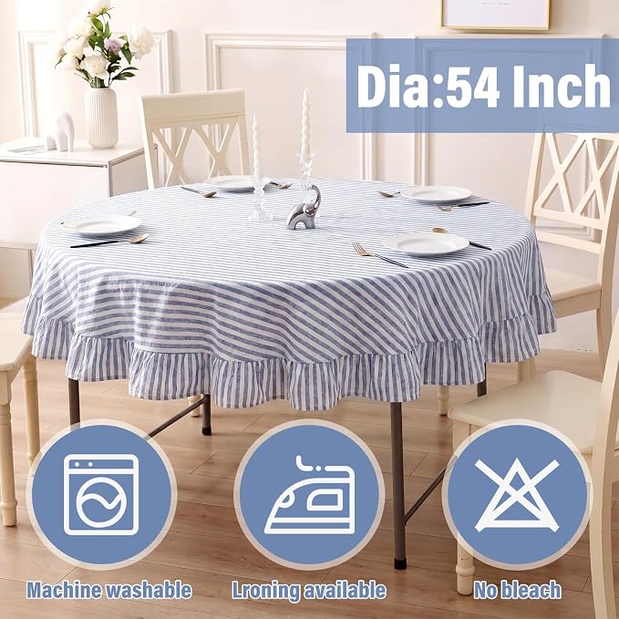 Boao Cotton 54 Inch Farmhouse Ruffle Tablecloth Blue White Striped Flounces Trim Table Cover for Round Table Kitchen Party Wedding Decor