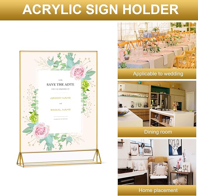 Gold Frame Acrylic Sign Holder 8.5x11 in, Double Sided Table Menu Holders 8Pack..