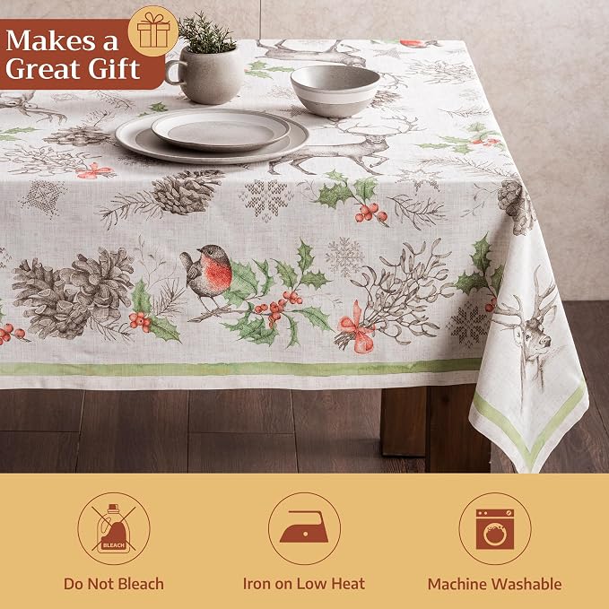 Maison d' Hermine Table Cloth Rectangle Table 100% Cotton 70 x 120 Inches Fall Tablecloth Reusable Everyday Use for Thanksgiving Christmas Decorations Dining Farmhouse Party (Christmas Dew)