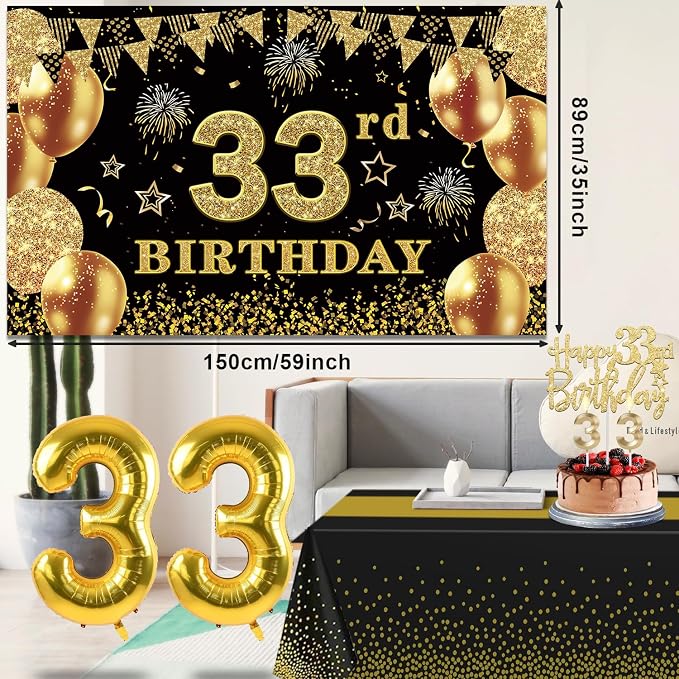 33rd Birthday Decorations Men Women with 33rd Birthday Banner, Black and Gold Table Cloth, Number Balloons, Large Sash, Cake Topper and Candles