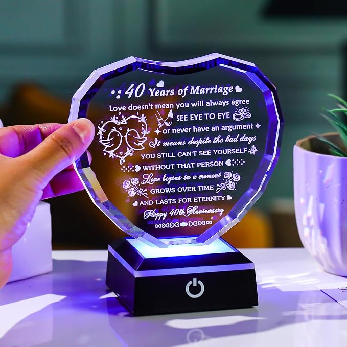Arikyrist 40th Wedding Anniversary Crystal Heart Gifts for Couple Parents, Laser Engraved 40th Anniversary Decoration Gifts for Wife Husband, 40 Years of Marriage Gift for Him Her Friends