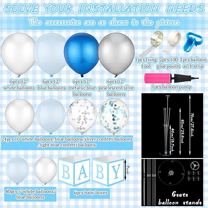 6 Sets Blue Boy Baby Shower Table Centerpiece with Paper Letter Boxes, Stand, Blue and White Balloon DIY Baby Shower Party Table Decor Kit for Boy 1st Birthday Gender Reveal Party Supplies