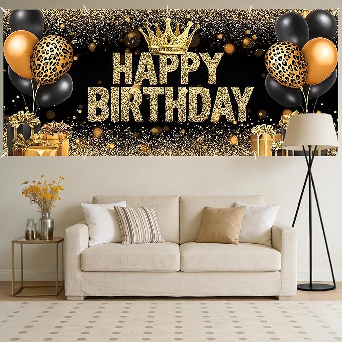 Happy Birthday Garage Door Banner Cover 7x16FT Waterproof –Black Gold Leopard Print Crown Backdrop with Balloons & Gifts Luxury Party Decor for Indoor Outdoor,Birthday Photo Booth Background for Women Men
