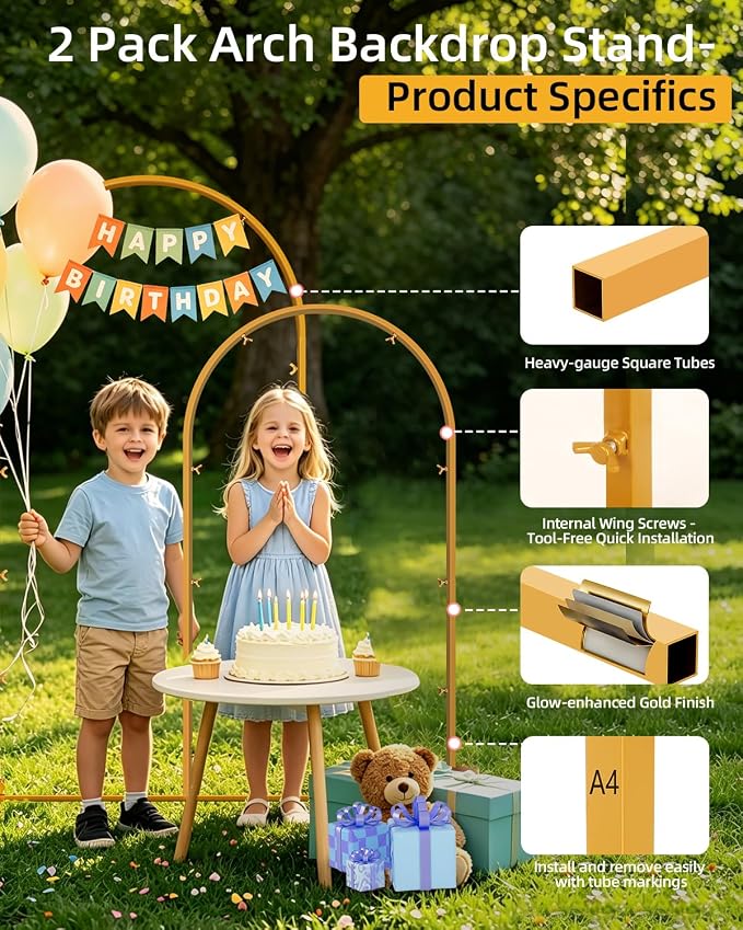 Wedding Arch Backdrop Stand 5FT, 6FT Gold Metal Arch Stand Set of 2, Balloon Arch Stand for Wedding Baby Shower Birthday Ceremony Party Graduation Decoration