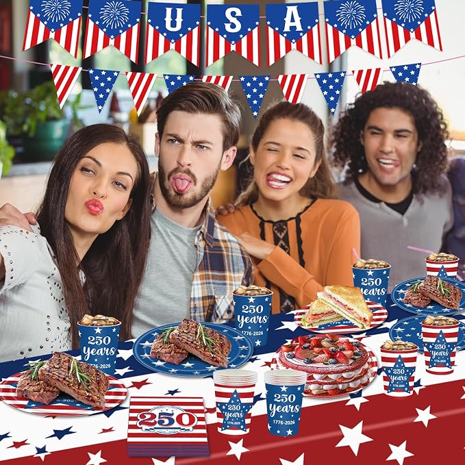 250th Anniversary USA Merchandise, 4th of July Decorations, Patriotic Party Supplies for Independence Day, Tablecloth, Plates, Napkins, Cups, Banner for 4th of July, 24 Guests