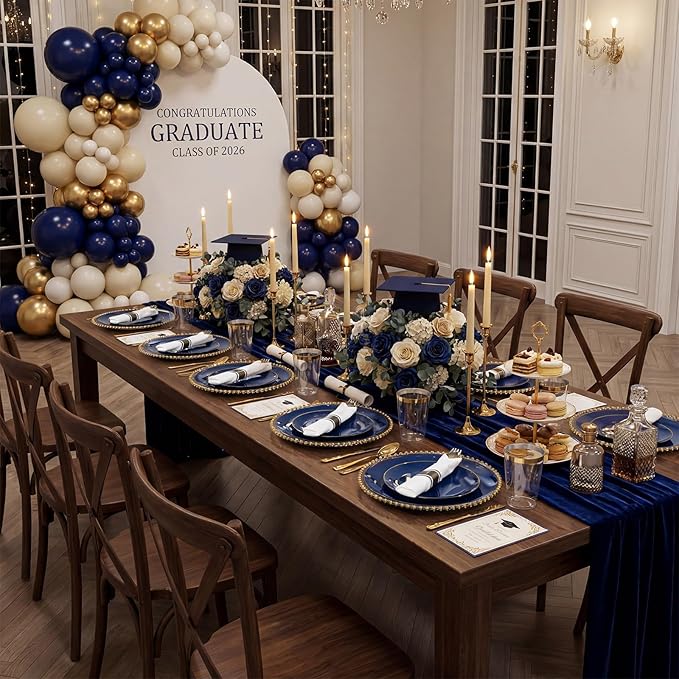 KIRE 350Pcs Blue and Gold Plates -Heavy Duty Navy Blue Dinnerware Set - 100 Plastic Plates 50 Pre Rolled Napkins with Gold Plastic Silverware 50 Cups for Birthday/Wedding/Parties/Graduation